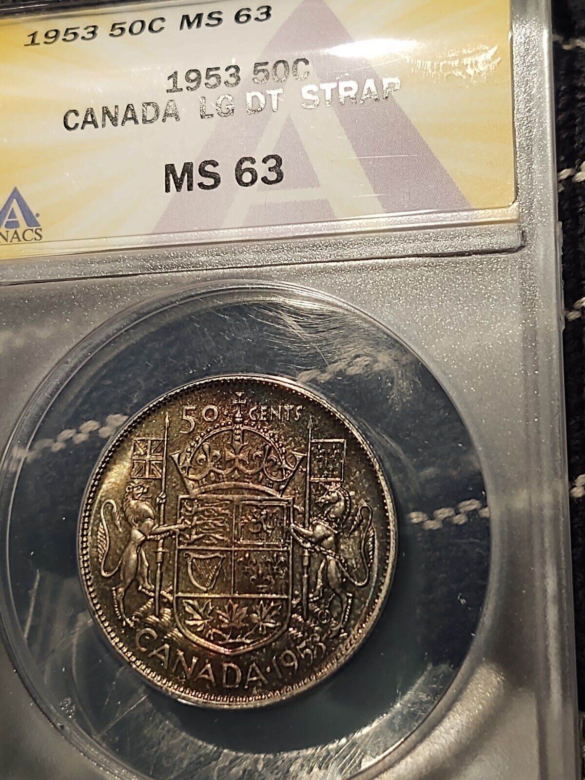 🌈1953 Canada Fifty Cents Ms 63 Toned Large Date With Strap-key Variety Anacs🌈